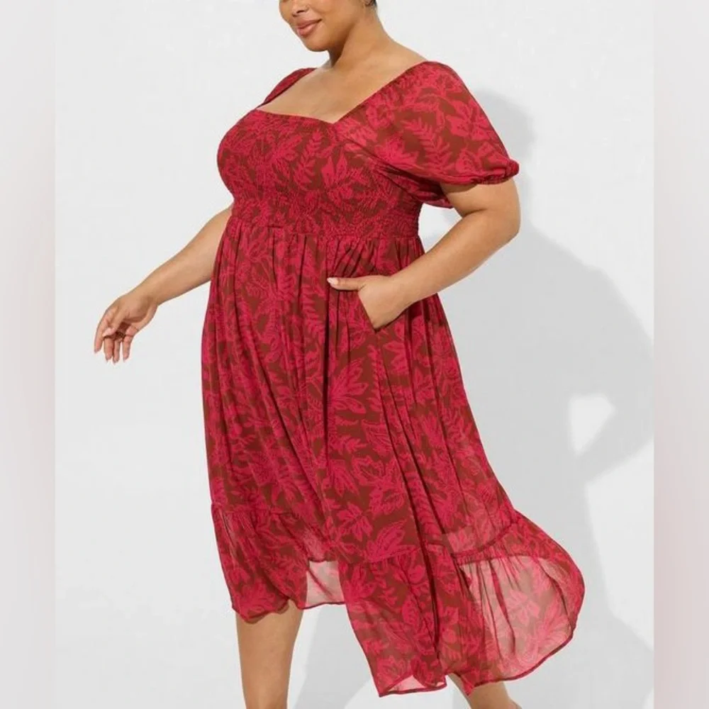 Torrid Tea Length Smocked Bodice A-Line Leaf Print Dress Size 3x